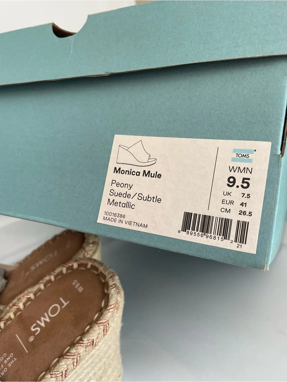 TOMS Blush Pink Canvas Espadrille Wedge Slides Monica Mule NEW in BOX